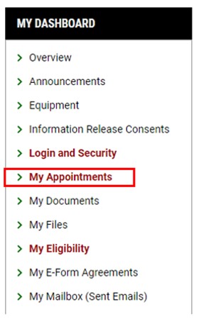 Screenshot of My Dashboard section of profile with a red square around the title My appointments.