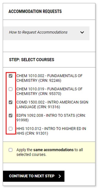 Screenshot of the Accommodation requests section with a red square around the listed courses and their checkboxes.