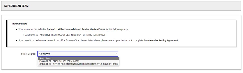 Screenshot of the dropdown menu of courses in the Schedule an Exam