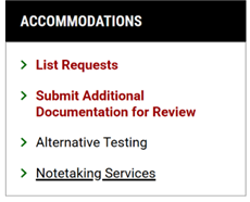 Screenshot of the Accommodations tray via the OSD Student Portal.