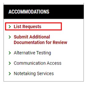 Screenshot of Accommodations section of profile with a red square around the listed accommodations and their check boxes.