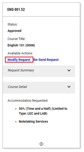 Screenshot of an overview of accommodations for one class section of profile with a red square around the title Modify Request.