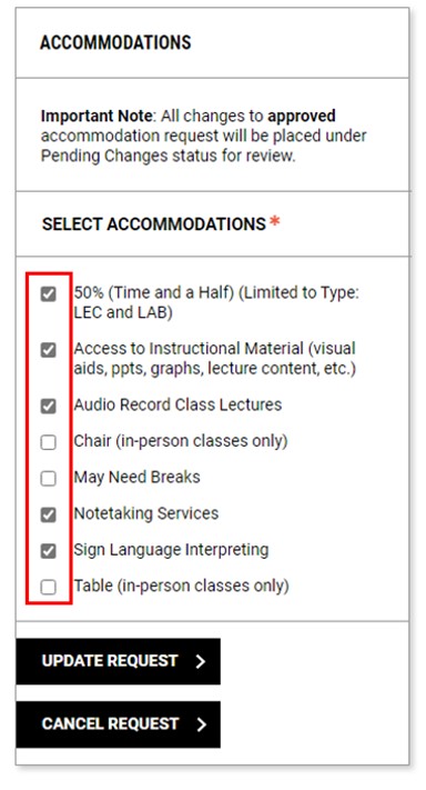 Screenshot of Accommodations section of profile with a red square around the listed accommodations and their check boxes.