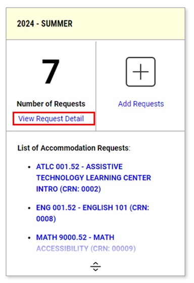 Screenshot of 2024 - Summer section of profile with a red square around the title View Request Detail.