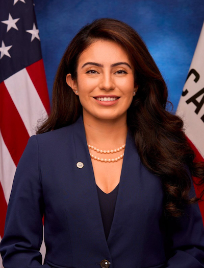 Senator Sasha Renée Pérez wearing a blue blazer standing in front of a United States and California Flag