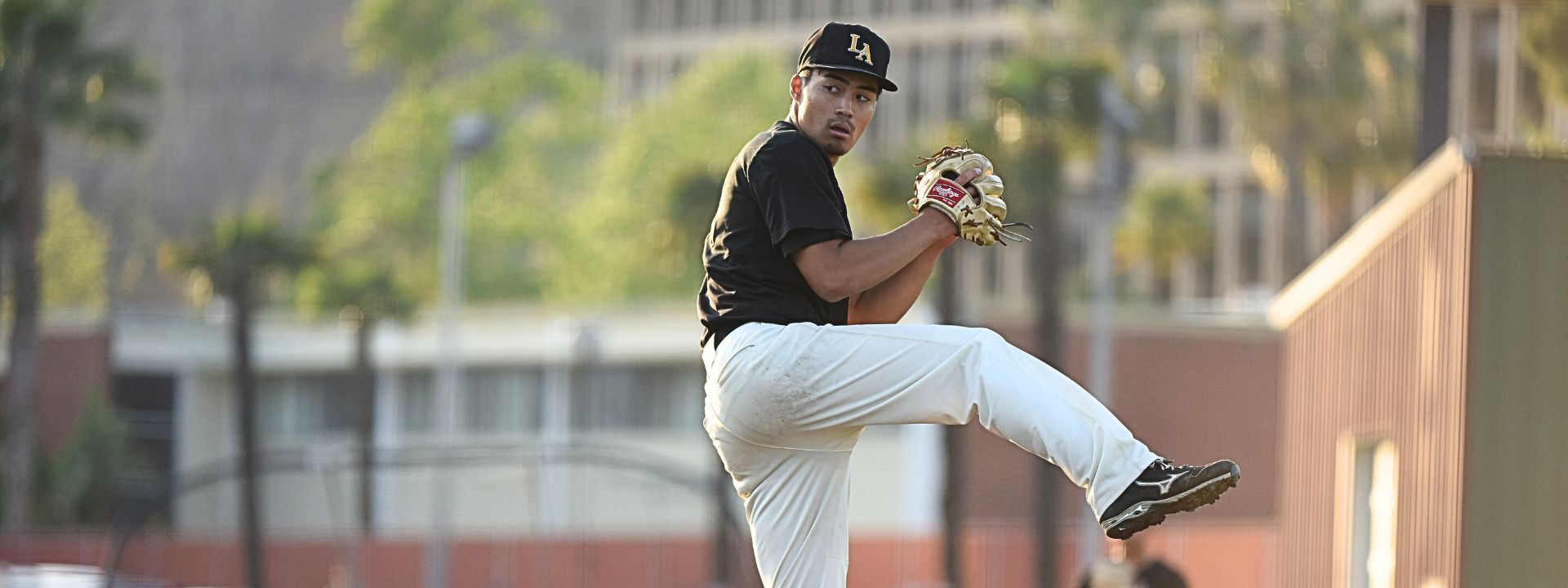 Baseball pitcher has leg up ready to throw a ball