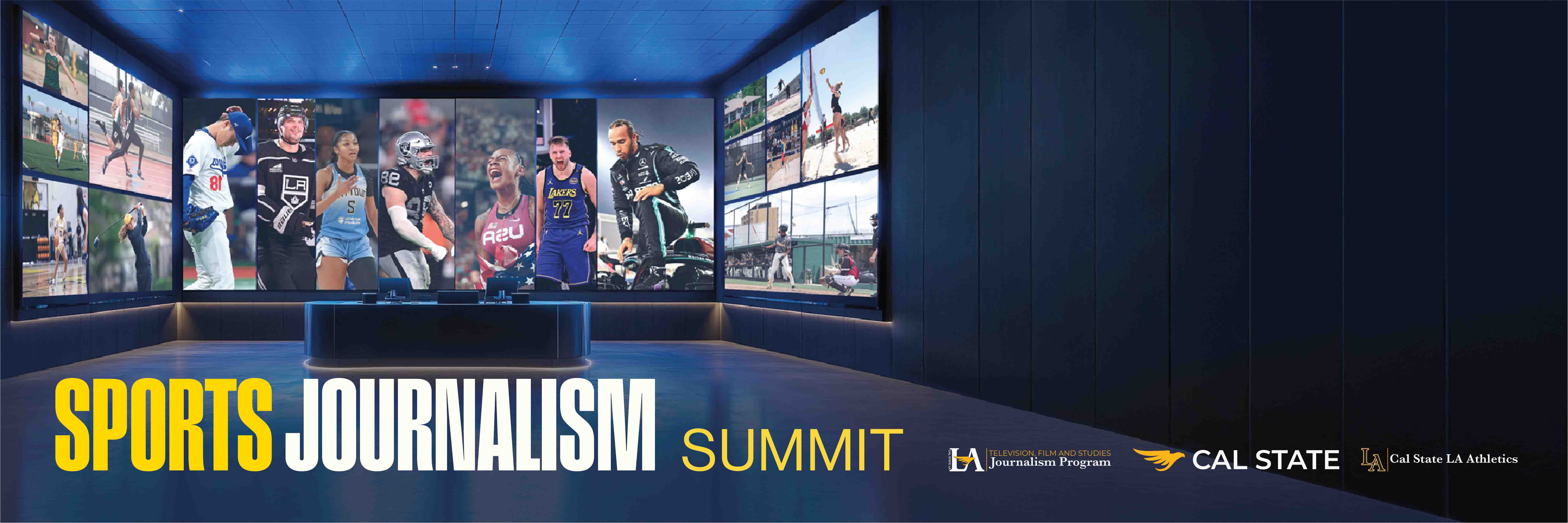 Sports Journalism Summit banner. Images of various professional athletes are shown on screens in the background.