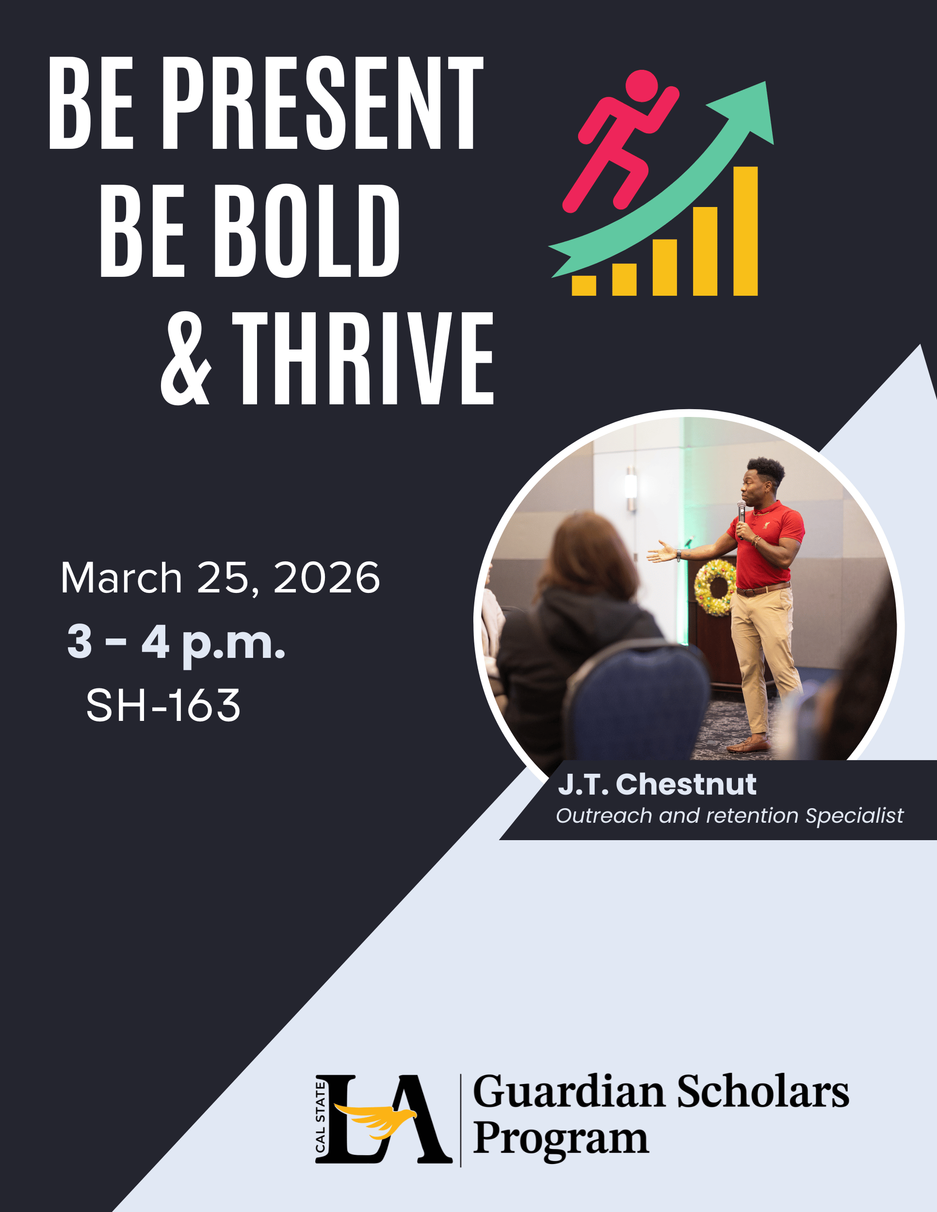 A picture with information about a workshop and a man with a red shirt with brown khaki pants presenting to an audience