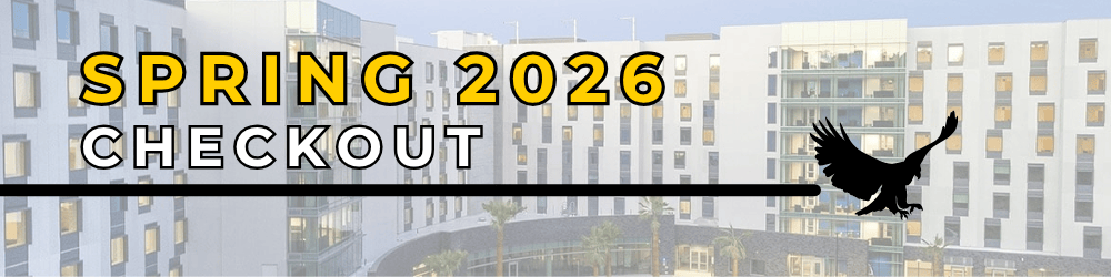Spring 2026 checkout. Cartoon eagle overlays South Village Housing.