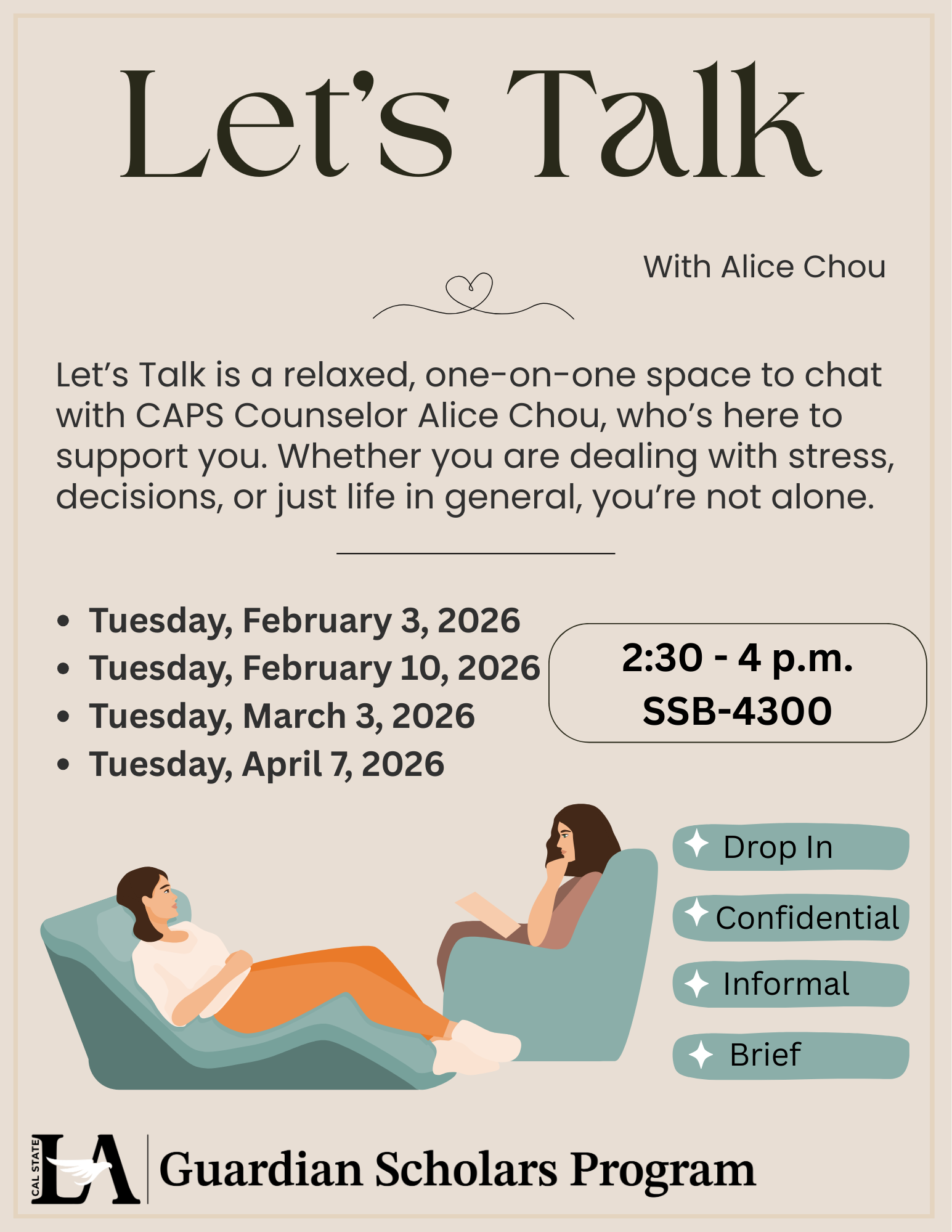 A descriptive flyer with a woman sitting on the couch listening to another person on the couch.