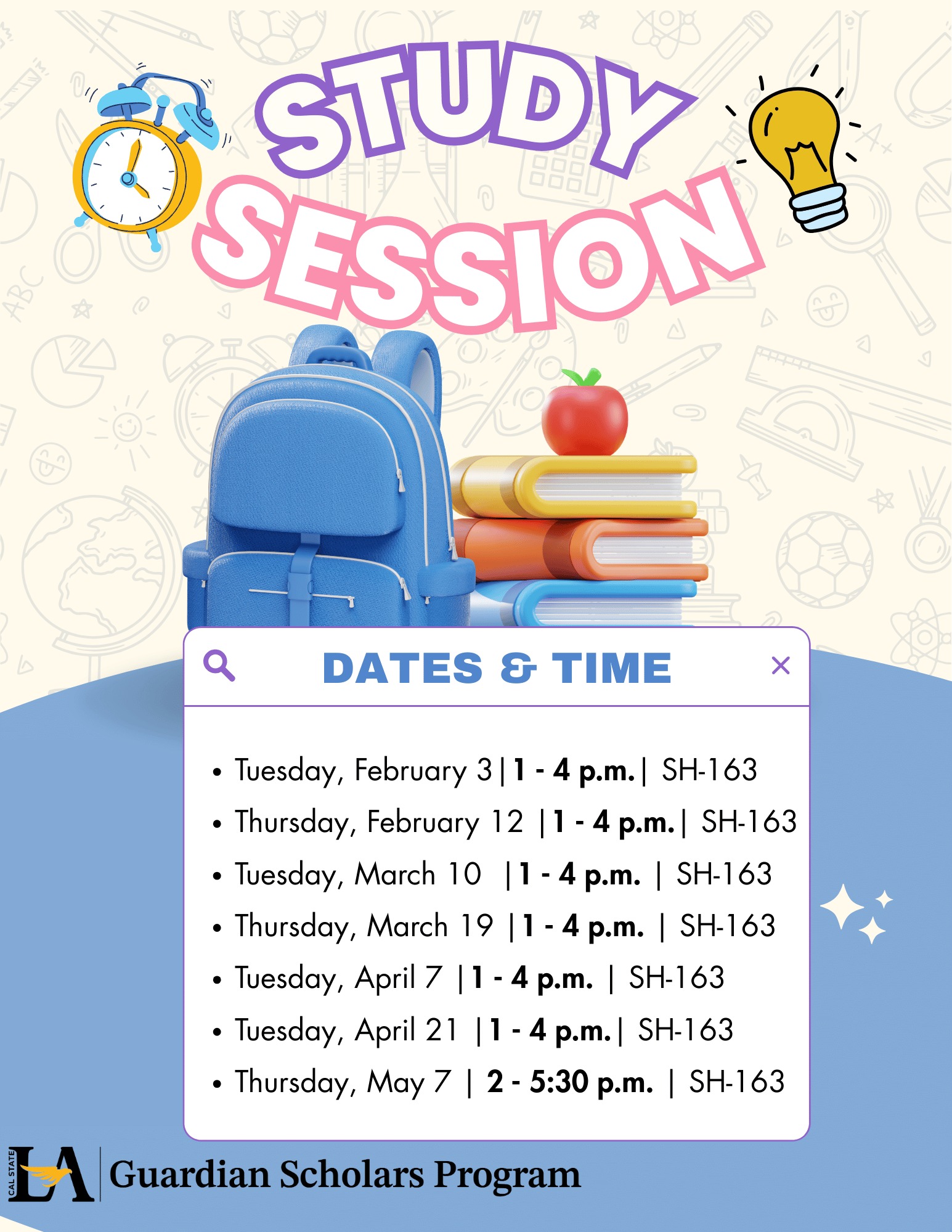 Photo shows bookbag with stacked books and a fruit displaying dates for the GSP Study Session.