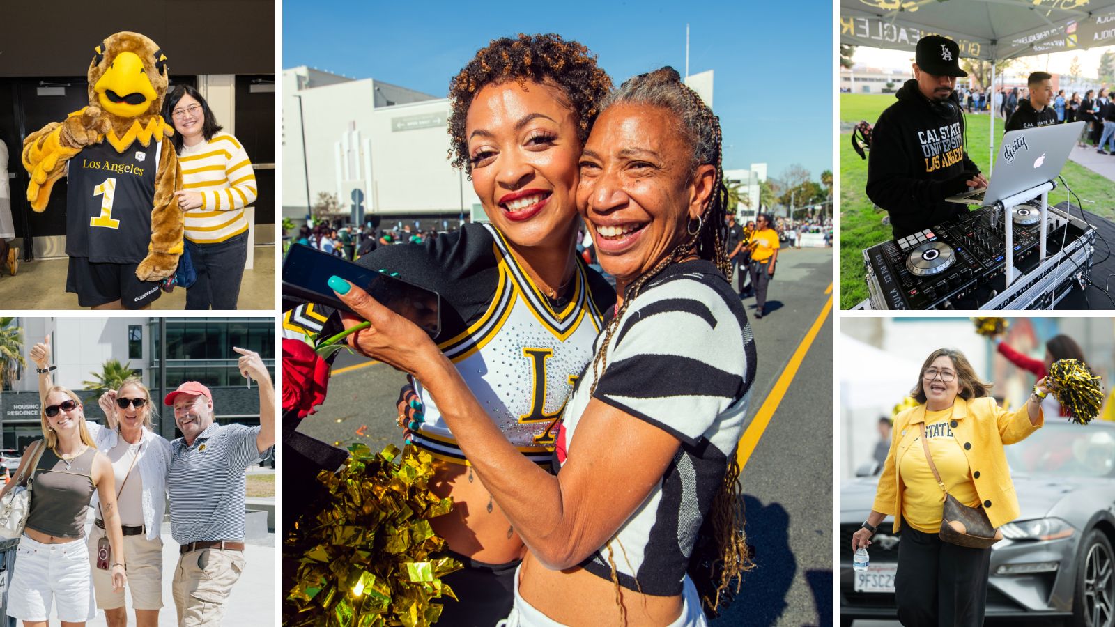 Collage of photos from a Cal State LA Family Weekend event: center image shows two people smiling and taking a selfie, one in a cheer uniform holding pom-poms; surrounding images include a person posing with the eagle mascot, a DJ performing at an outdoor setup, a group of adults smiling and cheering, and a person in Cal State LA gear waving pom-poms near parked cars.