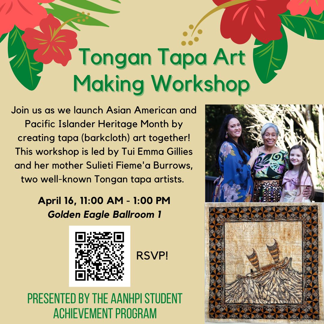 Beige flyer with hibiscus flowers, text stating "Tongan Tapa Art Making Workshop," a photo of the artists, a photo of a tapa art piece, and a QR code 