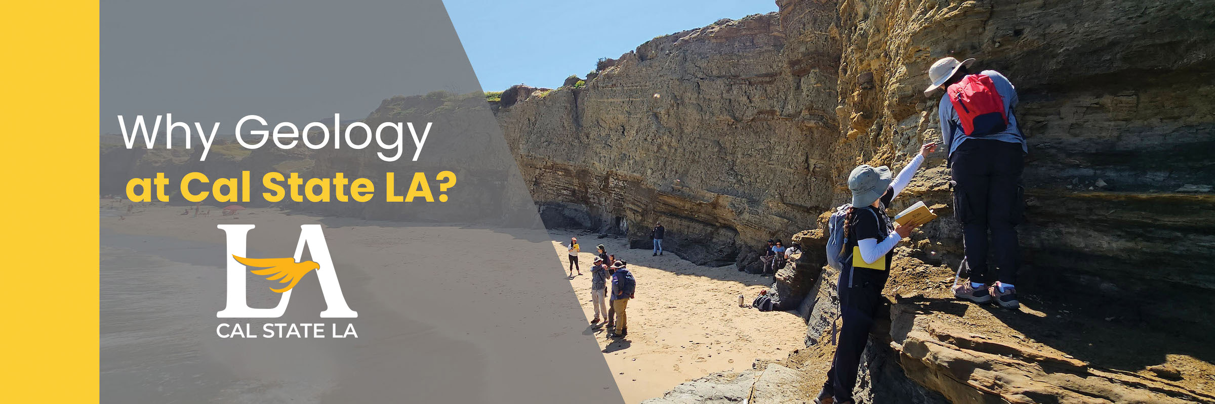Students in hiking gear examining a rocky cliff along a sunny beach