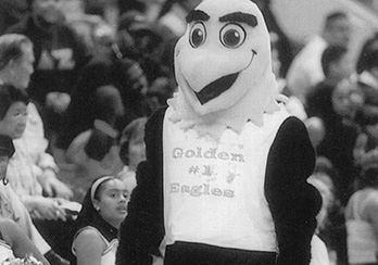 Old version of Eddie the Golden Eagle at an indoor athletic event.