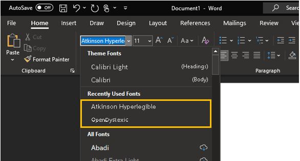 Fonts drop-down in Microsoft Word showing the availability of two accessible fonts; Atikinsons Hyperlegible and OpenDyslexic