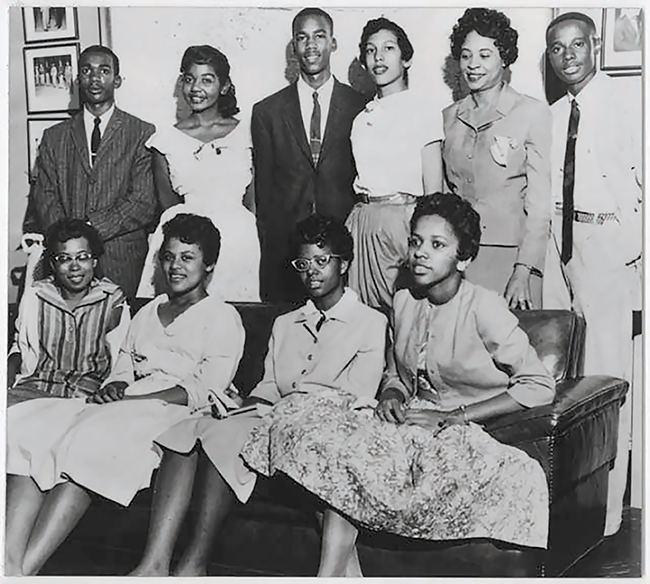 The Little Rock Nine and the National Association for the Advancement of Colored People’s Daisy Bates. Terrence Roberts is standing, third from the left. (Photo courtesy Library of Congress/NAACP)