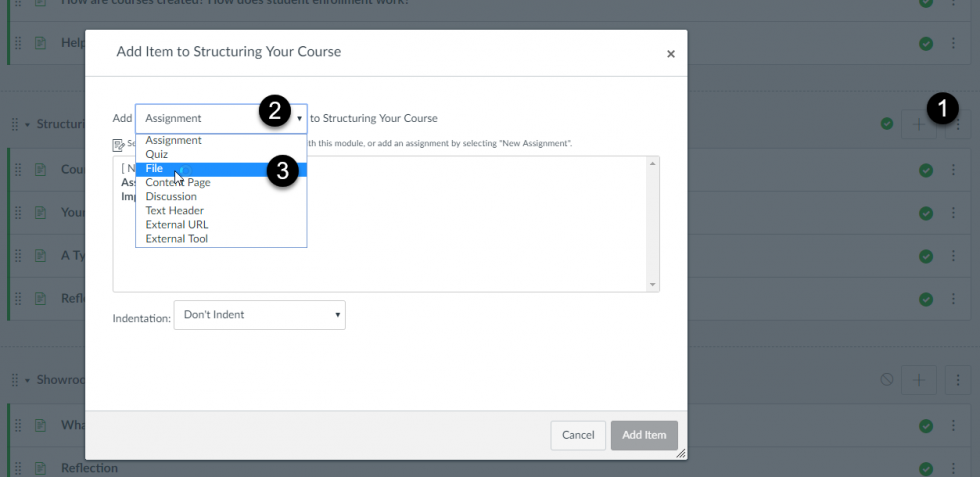 Selecting File item to be added to course