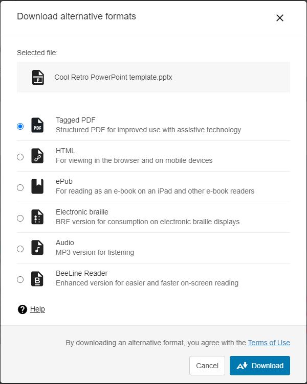 Ally alternate formats; tagged PDF, HTML, ePub, e-braille, BeeLine Reader