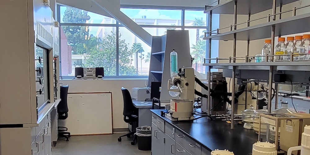 Research lab bench and desks in the back of the lab by the windows