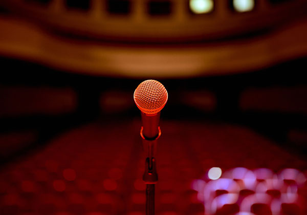red mic on a theater stage