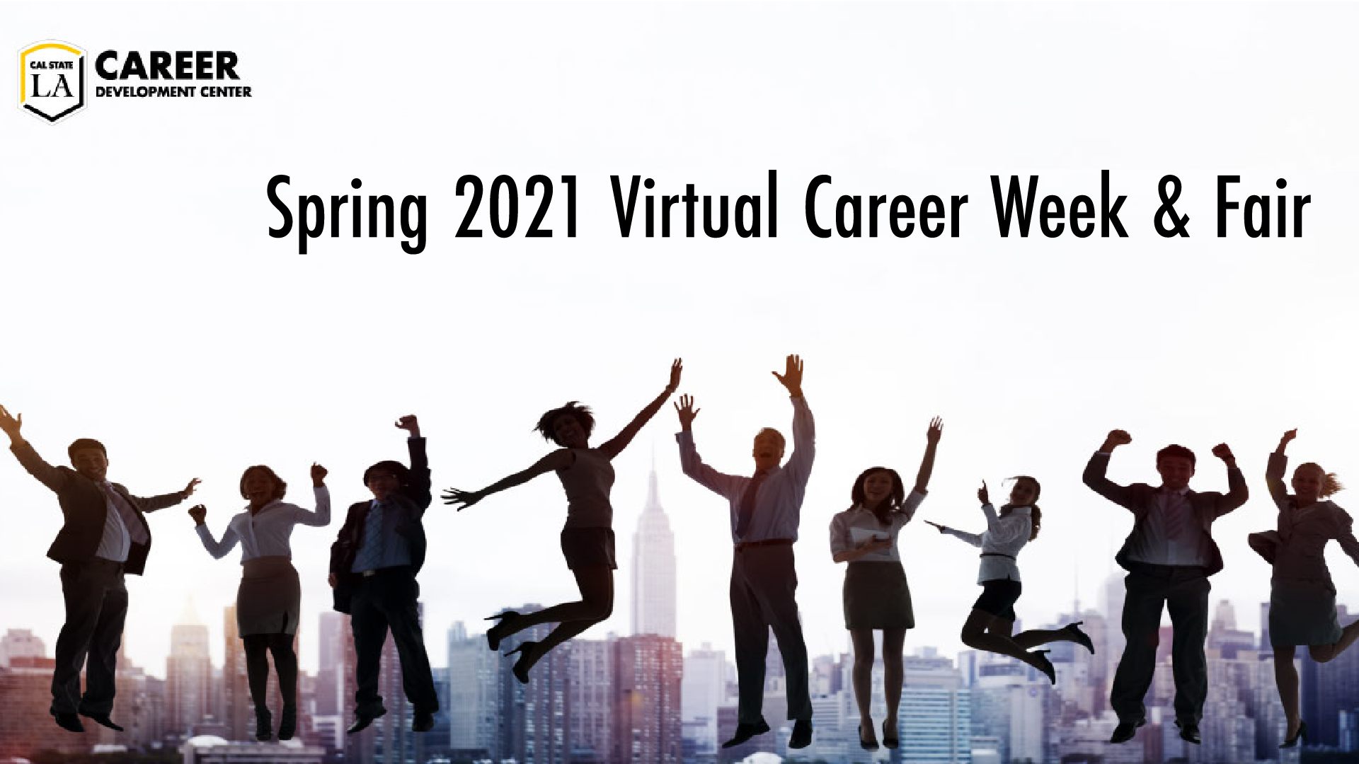 Students in business attire jumping. Spring 2021 Virtual Career Week & Fair