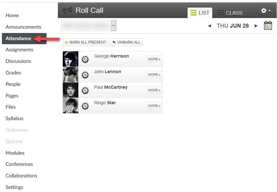 Attendance page in Canvas