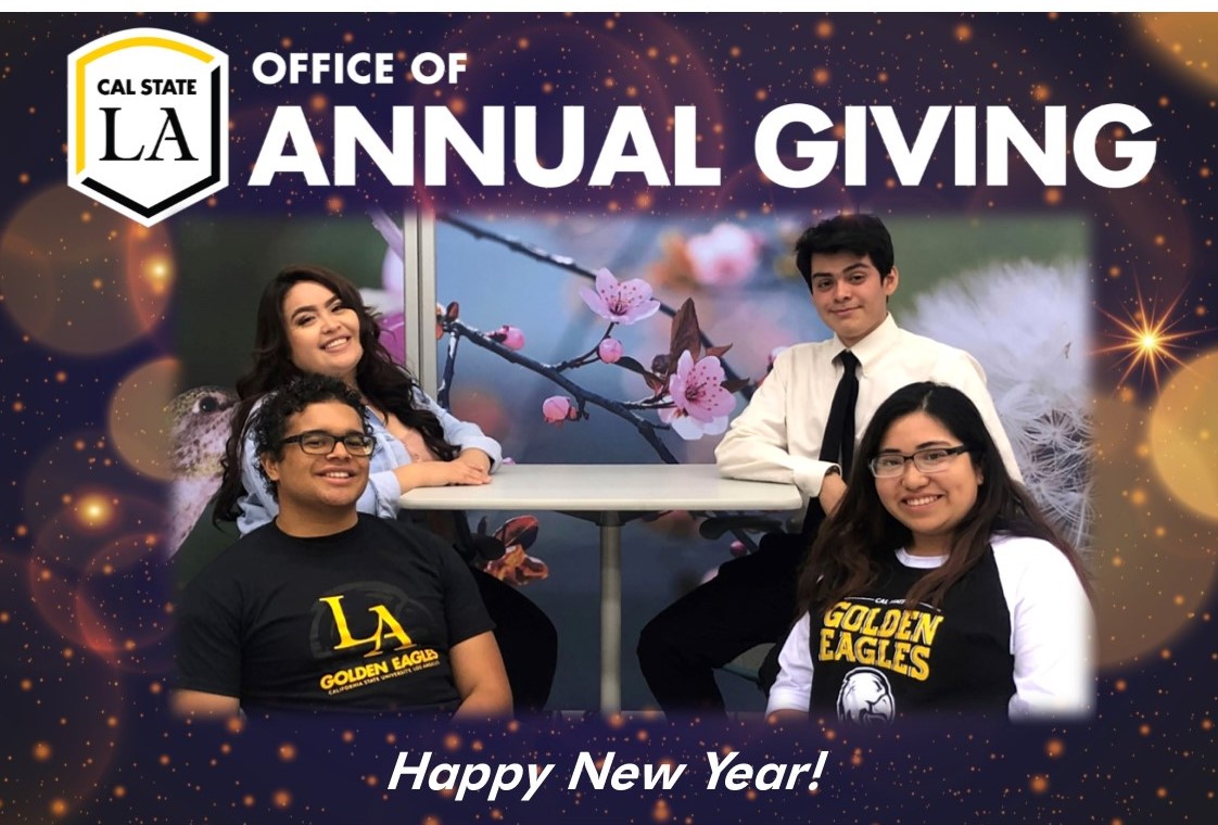 graphic with Office of Annual Giving logo on a purple background with sparkles and an image of four seated students smiling. Lower text reads "Happy New Year".