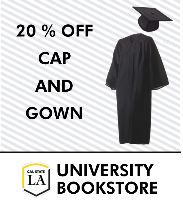 image description: Photo of cap and gown in black. Text reads 20% off cap and gown at University Bookstore