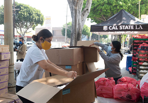 Volunteer with boxes at food distribution