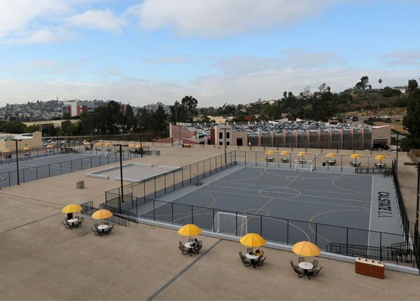 An aerial view of a futsal (soccer) court.