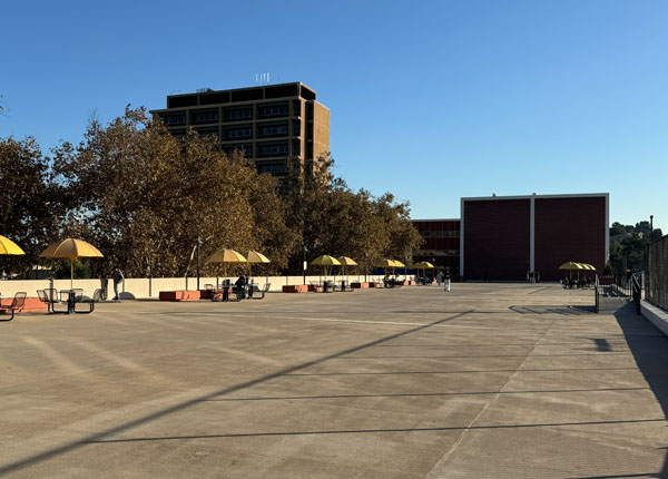 A wide angle view of a plaza with buildings and trees.