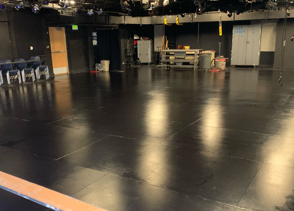 The interior space of a "blackbox" theatre.