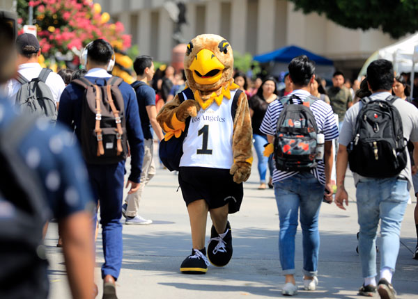 A costumed mascot walking down a walkway on a sunny day.