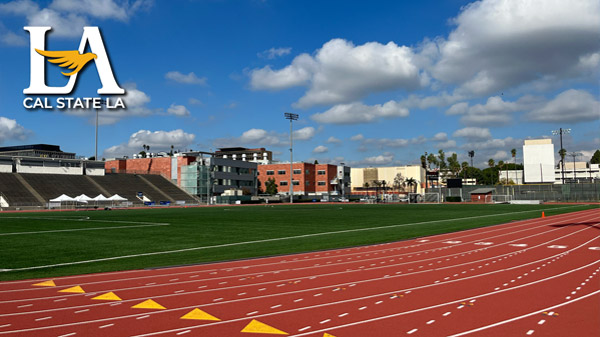 A track and field on a sunny day.
