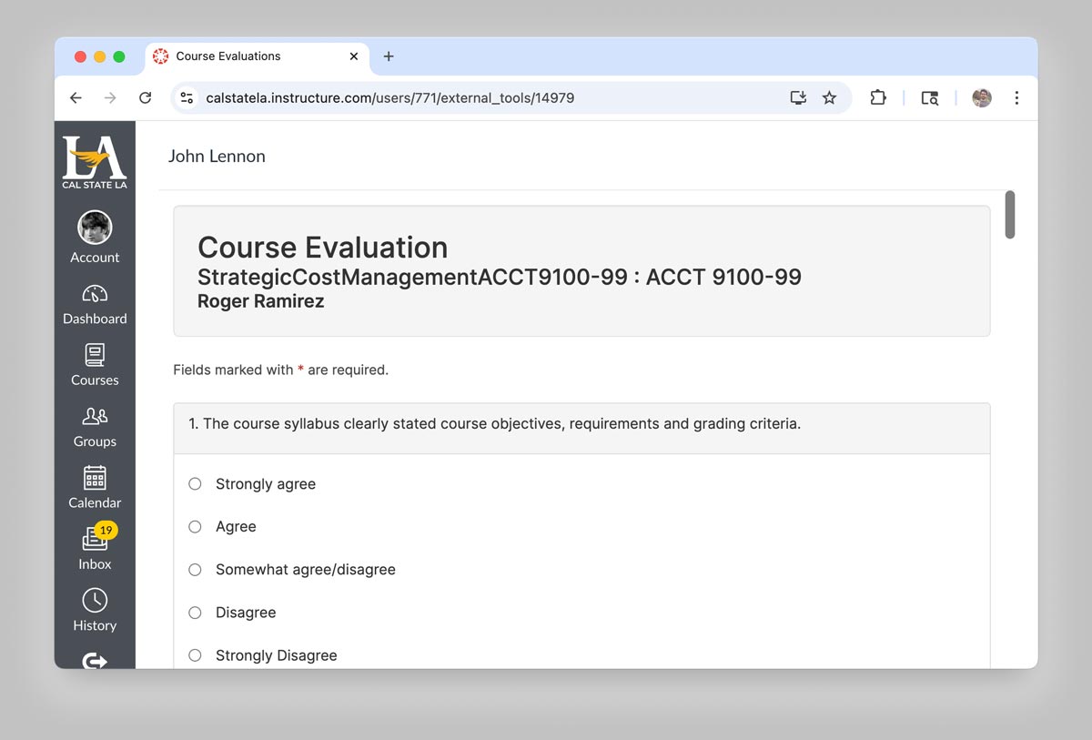 Screenshot of the Cal State LA Canvas course evaluation page showing a survey titled “Course Evaluation” with multiple-choice rating options for a class taught by Roger Ramirez.