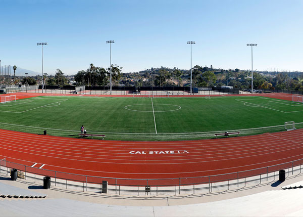 A track and field on a sunny day.