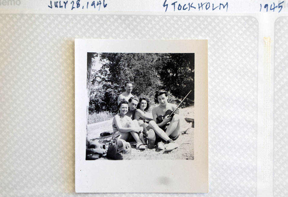 Photo: A photograph of Sigmund Burke (far right) on a trip to Stockholm, Sweden, in July 1946 with friends, including his future wife, Edith, (center).