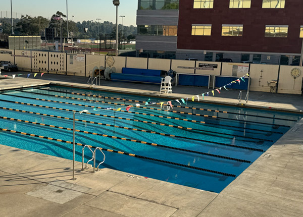 An aerial view of a swimming pool.