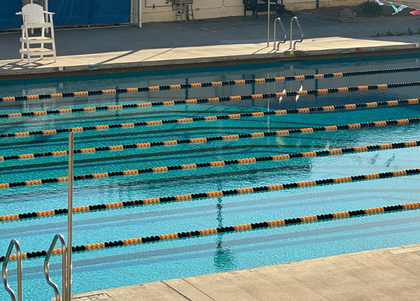 An aerial view of a swimming pool.