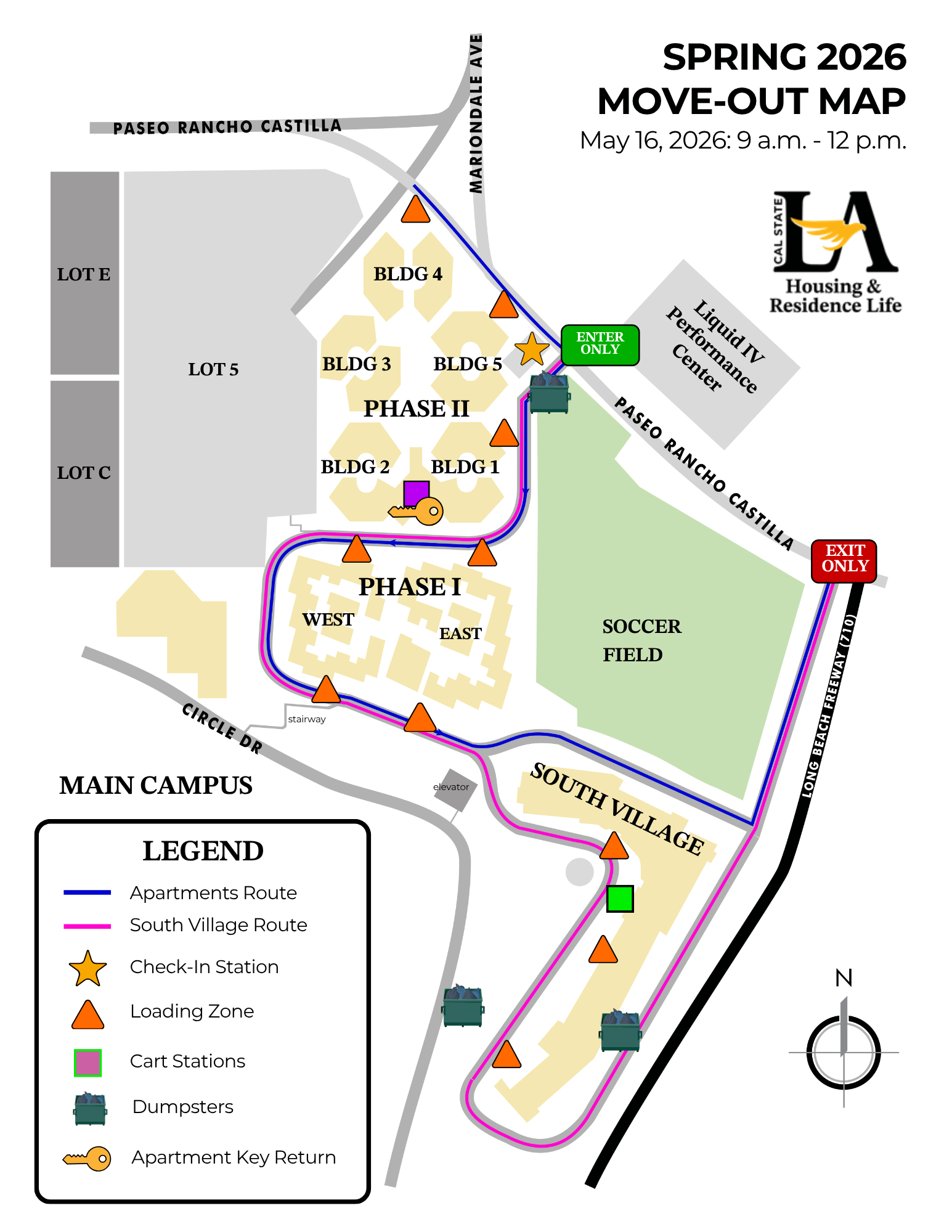Cal State LA Housing and Residence Life Spring 2026 Move-Out Day map. May 16, 2026, 9 a.m. - 12 p.m.