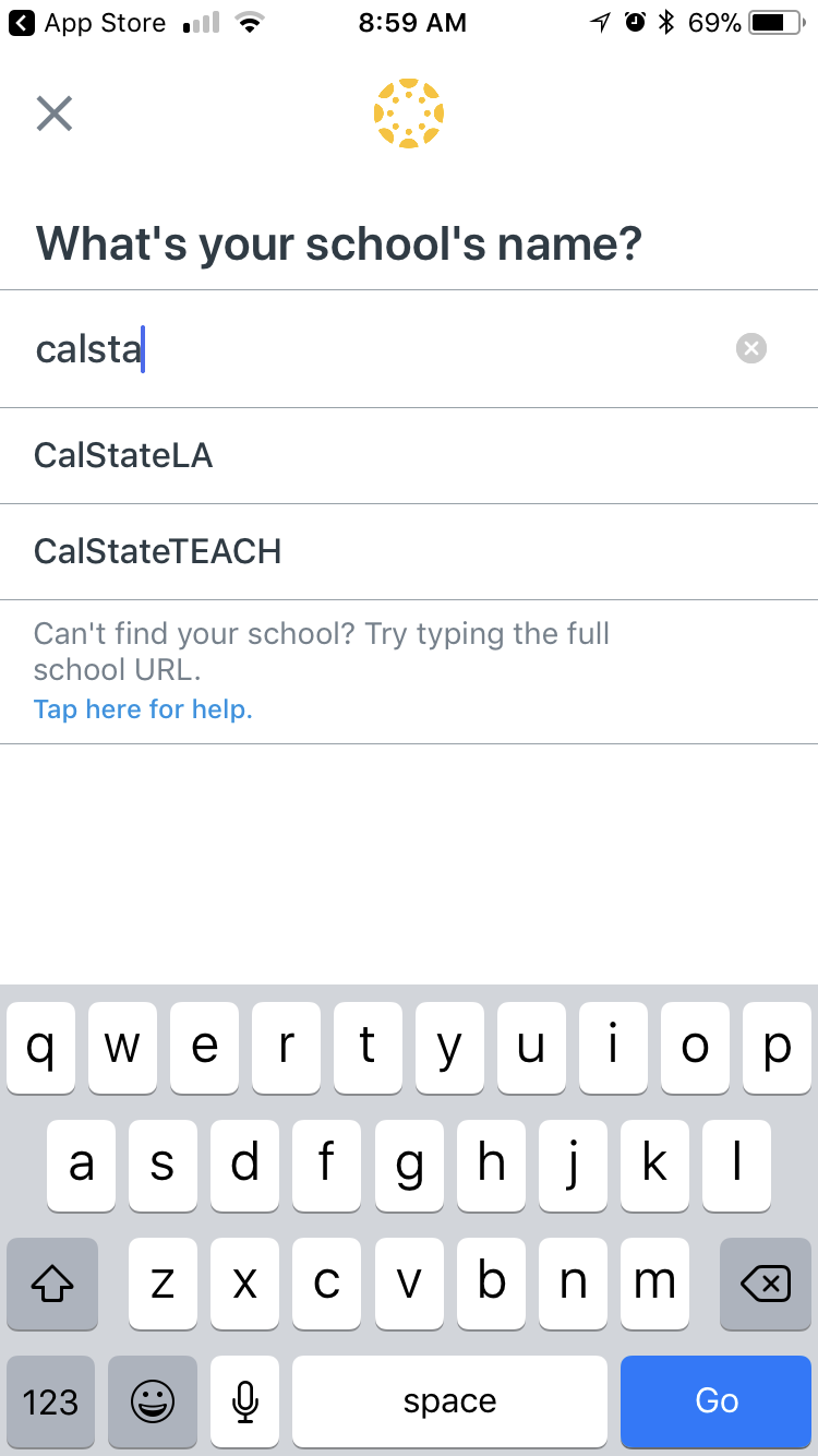 Canvas App for Teachers typing out Calstatela in find my school interface
