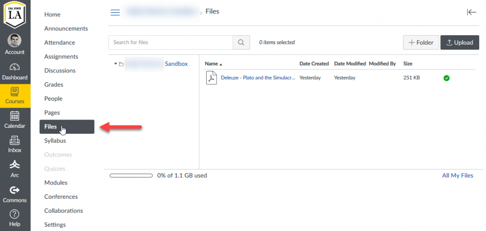 Course Files page on Canvas