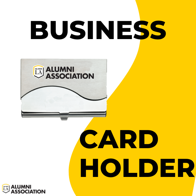 Silver business card holder with cal state la alumni written on the outside