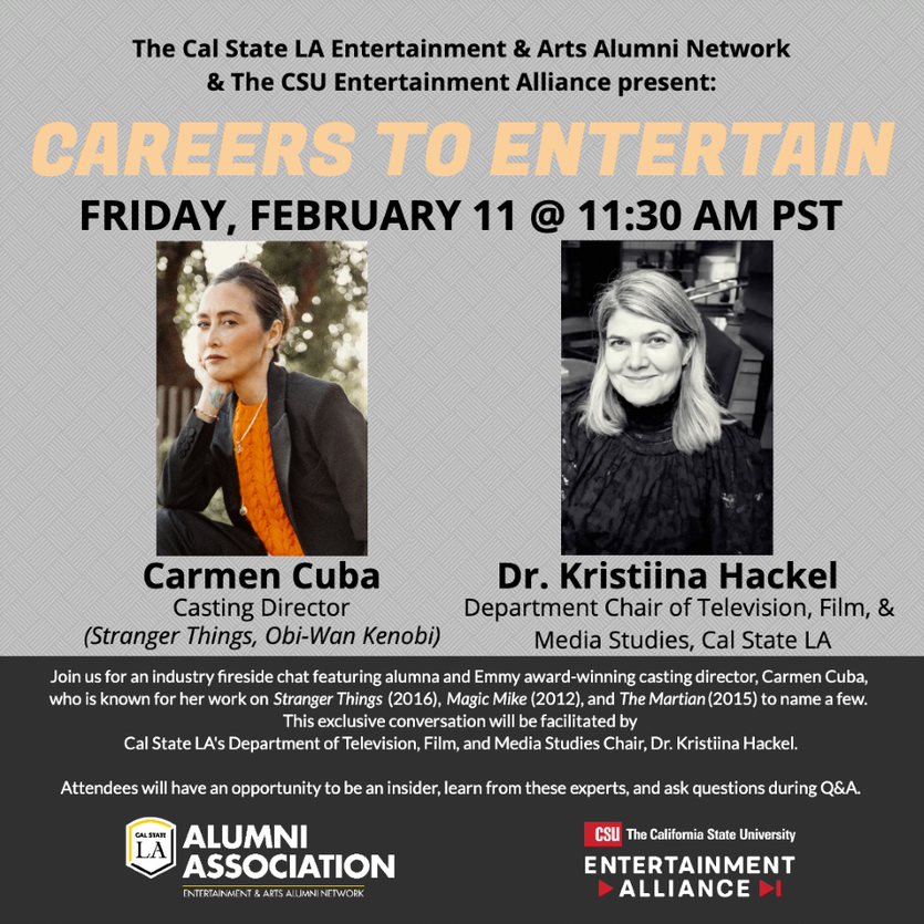 A grey background with two headshots for Carmen Cuba and Dr. Kristiina Hackel for event in orange text "Careers to Entertain" and black descriptive text. Event details in body of email. Lower third: white text on dark grey background with more event detai