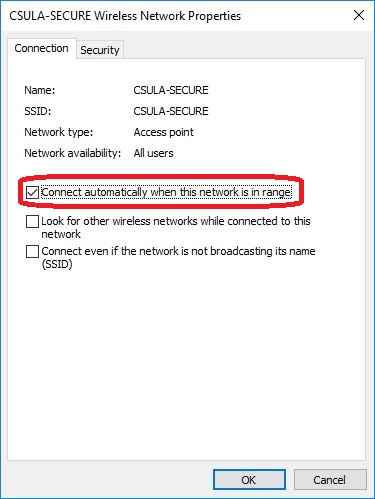 CSULA-SECURE Wireless network properties check connect automatically