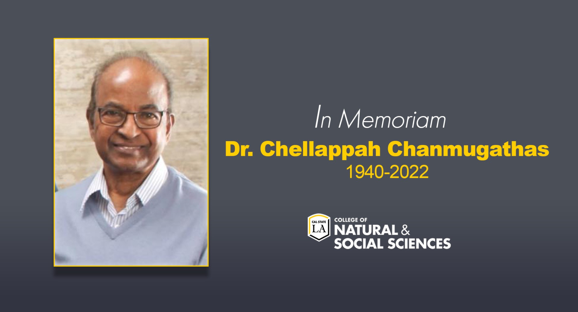 Professor Chanmugathas wearing a light grey sweater and a striped white dress shirt.  In Memoriam Dr. Chellappah Chanmugathas 1940-2022