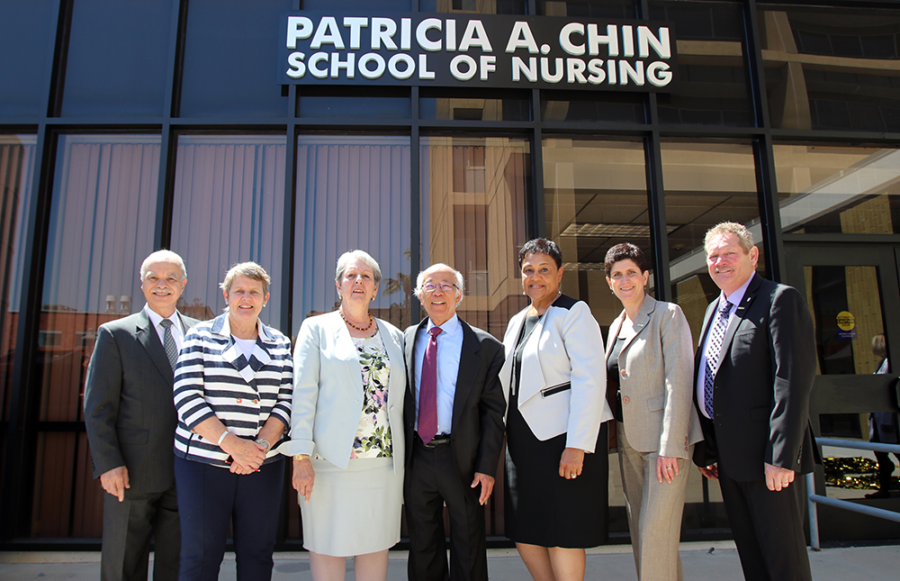 President William A. Covino, Chin Family Institute for Nursing Executive Director Lorie H. Judson, Patricia A. Chin, William Chin, Patricia A. Chin School of Nursing Director Gail Washington, Provost and Vice President for Academic Affairs Lynn Mahoney, a