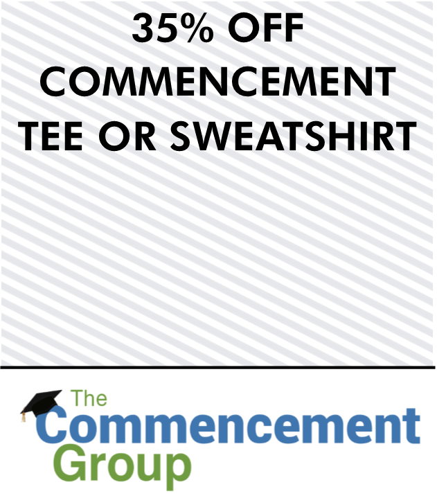 Image description: Photo of Commemorative class of 2020 shirt containing all graduates' names. Text reads 35% off commencement tee or sweatshirt with the Commencement Group
