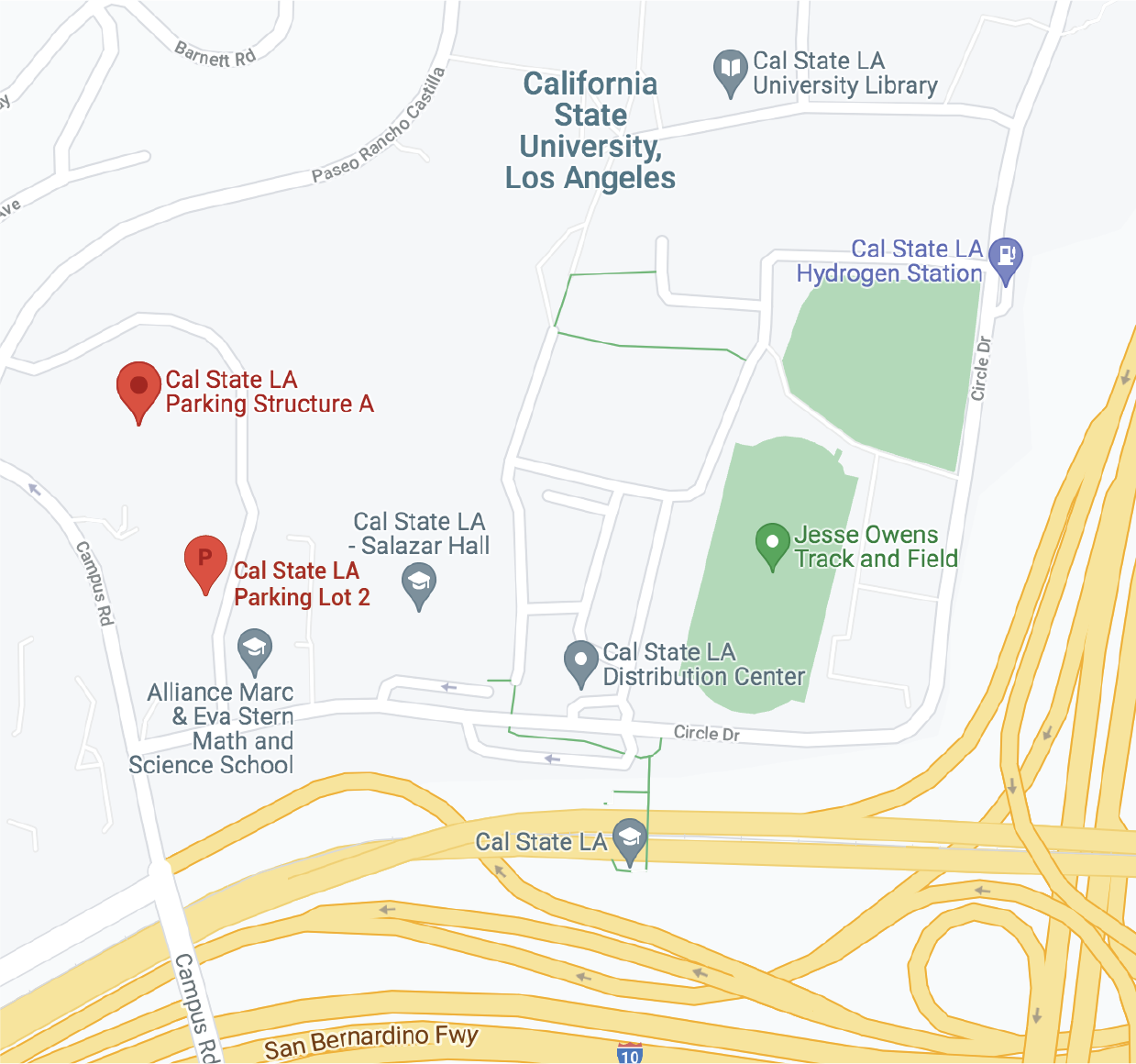 Map of Cal State LA's campus showing where Lot 2 and Structure A are located